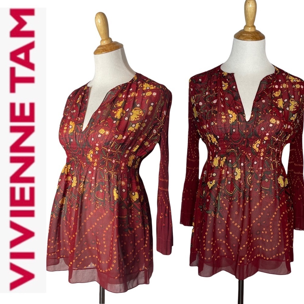 Vintage 90’s Vivienne Tam Sheer Floral Print Accordion Blouse app s